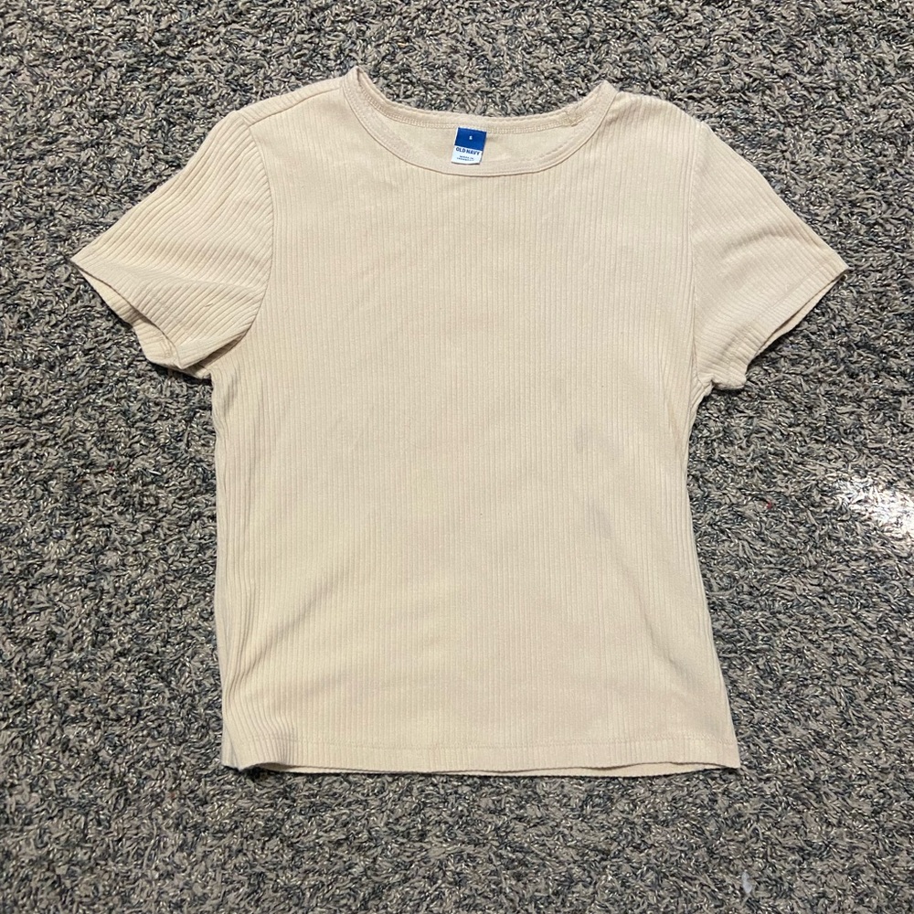 Beige Ribbed Short Sleeve Top